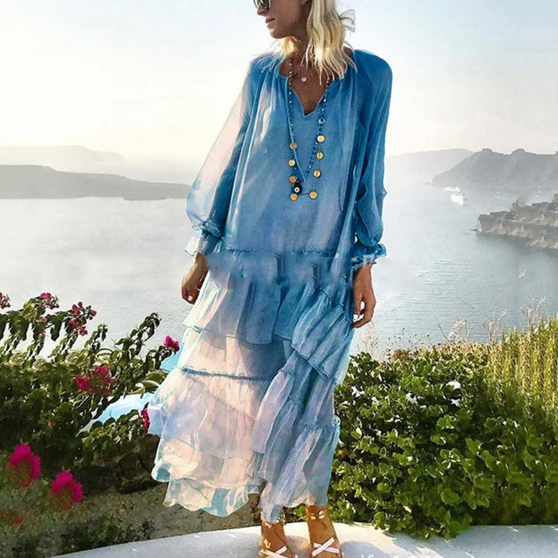 2024 Plus Size Bohemian Sundress Lace Vestido Transparent Loose Layered Beach Holiday Maxi Dress