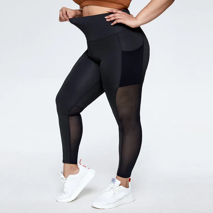 Wholesale Custom Plus Size Fall High Waist  Leggings Plain Black Mesh Panel Insert Side Pocket Pants Gym Fitness Yoga  Pants