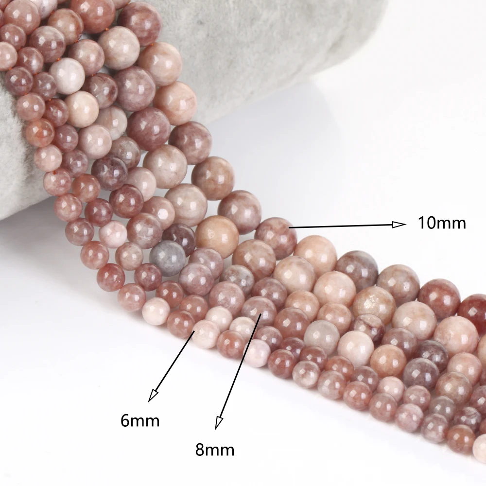 AsVrai U A+ Natural Stone Sunstone Bead Pink Smooth Round Loose Spacer Beads for Jewelry Making Supplier DIY Charm Bracelet 15'