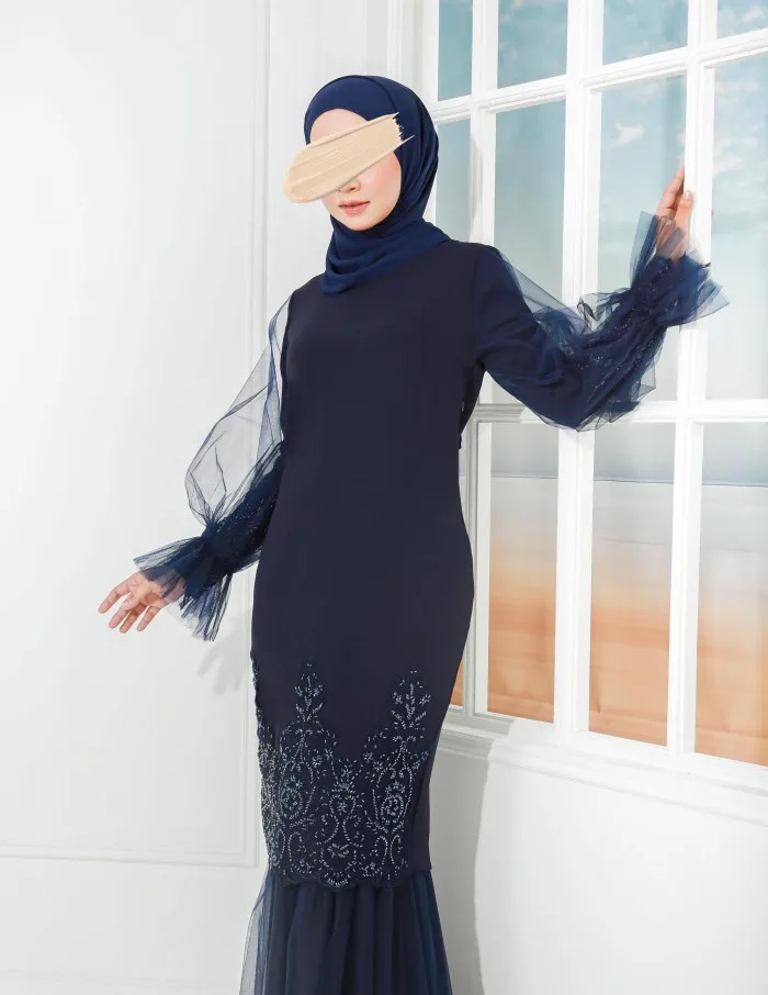 SIPO Premium Chiffon with Beads Lace Embroidery Design Solid Color Long Sleeves Half Net Fabric for Malaysia Muslim Baju Kurung