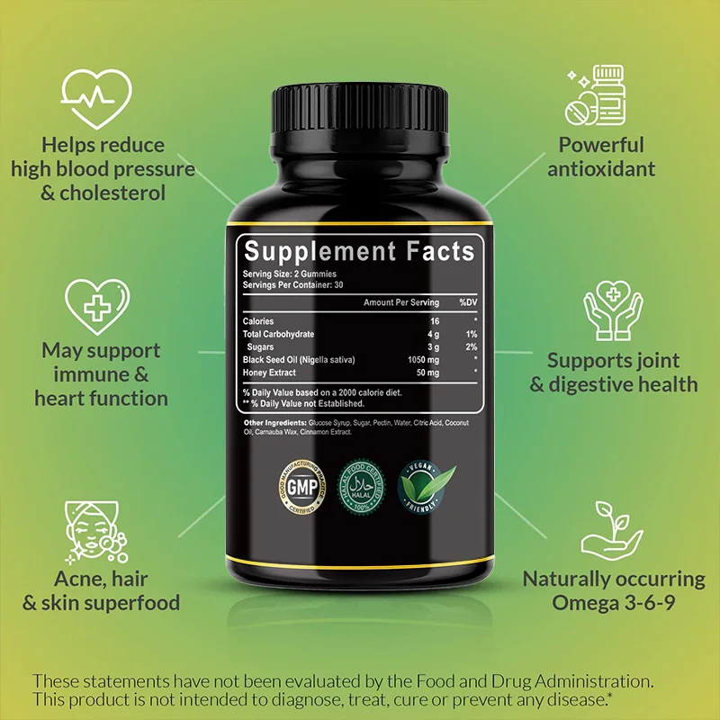 Factory Food Grade Black Seed Oil Gummies 1050mg Made From 100% Cold-Pressed Super 90