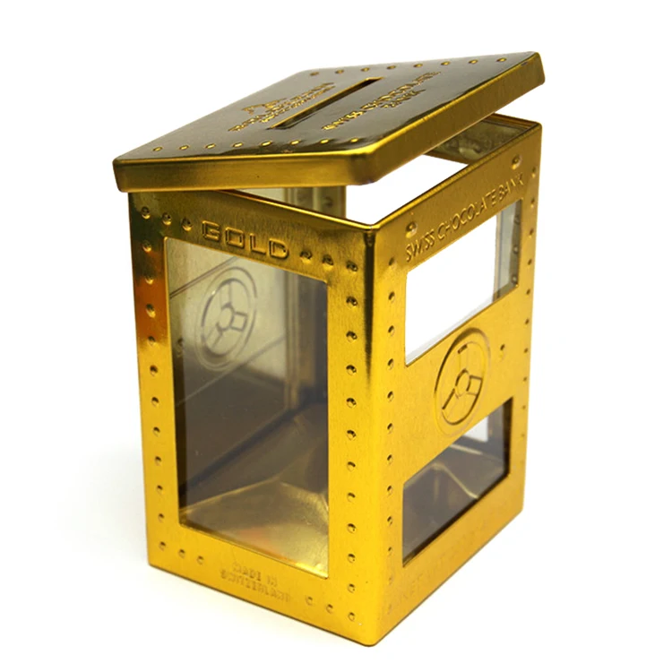 Beautiful Golden Big Rectangle Packaging Gift Tin Box Metal Money Saving Box PVC with Transparent Tinplate Gift & Craft CN;GUA