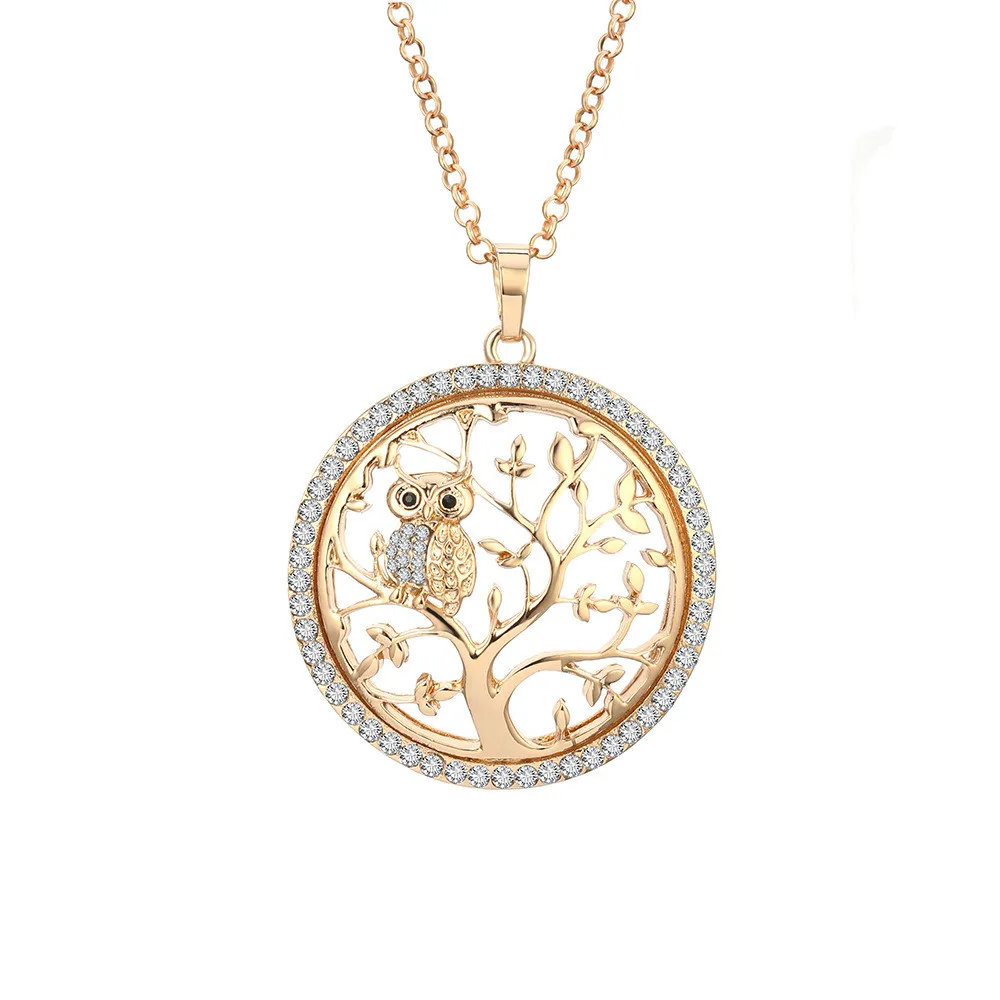 Factory Wholesale New Fashion Alloy Pendant Rhinestone Gold Rose Gold Tree Of Life Owl Necklace For Girls Gift