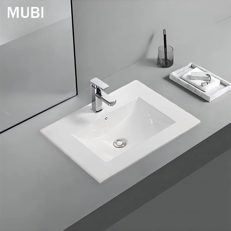 610mm Simple Integrated Thin Edge Wash Basin White Ceramic Rectangular Cabinet Vanity Bathroom Sink