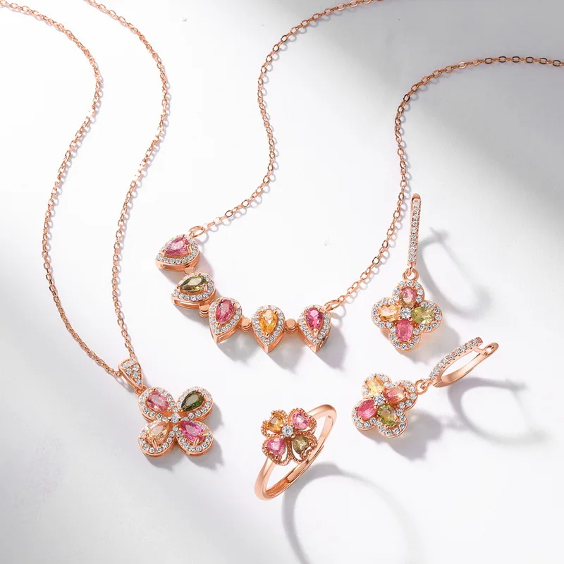Custom OEM Fine Jewelry Women Luxury 925 Silver Cubic Tourmaline Four Leaf Flower Earrings Ring Pendant Set Women Party Gift