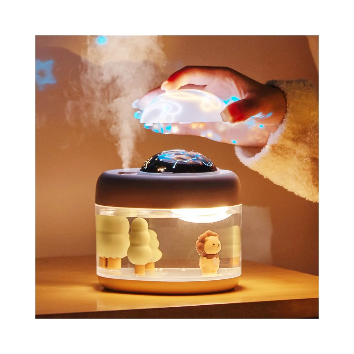 Cartoon Lion Air Humidificador Diffuser 3in1 Star Projector 0.5L 2000mAh Battery Color Light Plastic Desktop USB Air Humidifier