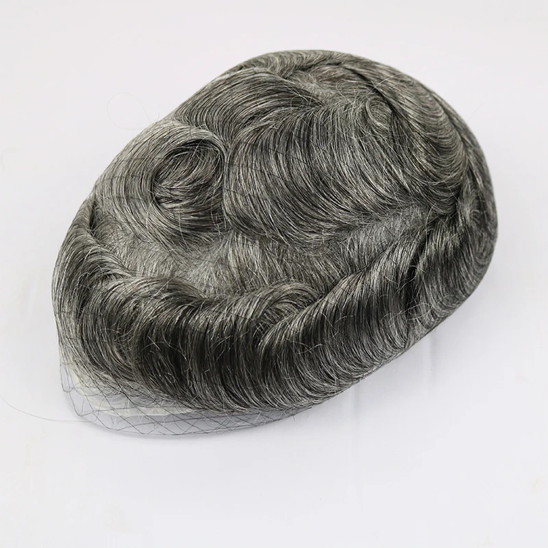 Invisible Pu Poly Base 0.02mm Super Thin Skin  V Loop Men Human Hair Pieces Toupee with Gray Hair