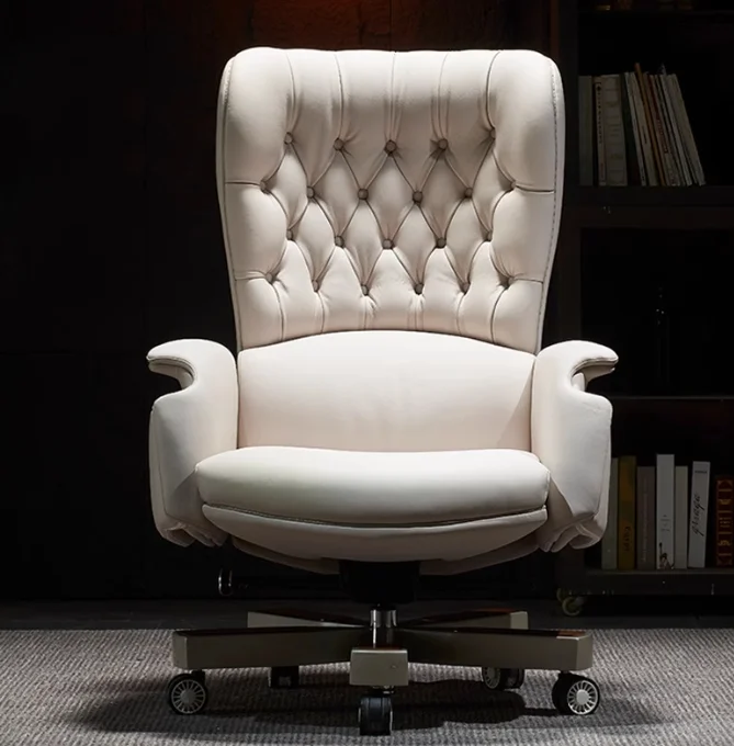2024 Luxury Factory Price Comfortable White Genuine Cow Leather Strong Quality Big Boss Ergonomic President Office Chair