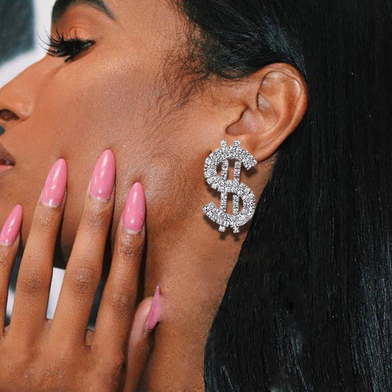 Fashion Rhinestone Dollar Sign Hanging Dangle Earrings Long Shiny Crystal Dollar Earrings
