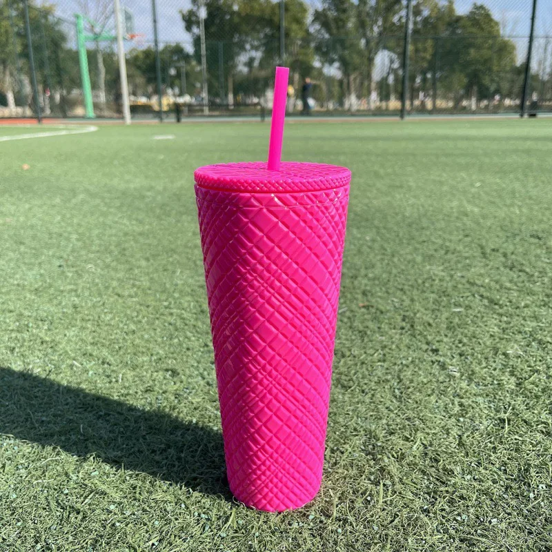 Portable Rivet Plastic Grid Studded Tumbler Durian Drinking Cup with Lid and Straw