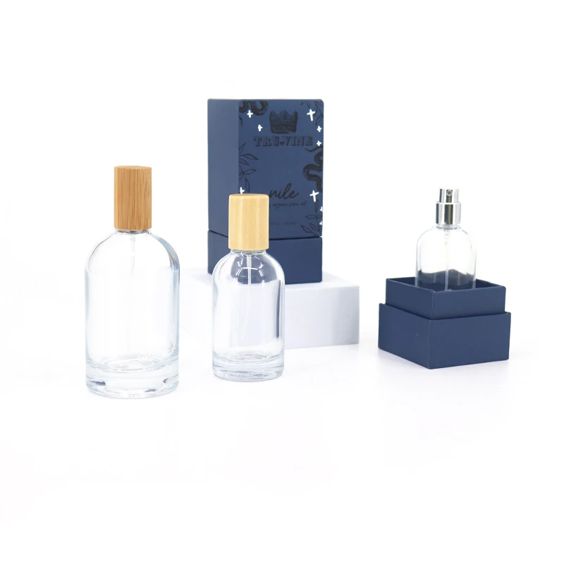 Square/Cylinder Clear Glass 30Ml 50Ml Perfume Bottle Bamboo Cap Packing 100ml Luxury Spray Perfume Glass Bottle With Gift Box