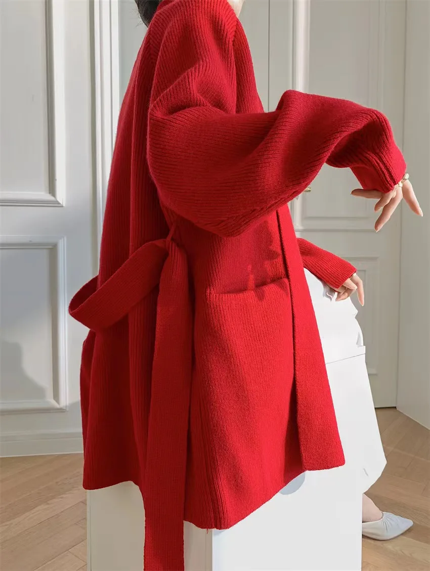 Thick bathrobe slouchy knit sweater jacket medium length alpaca cardigan with lace-up