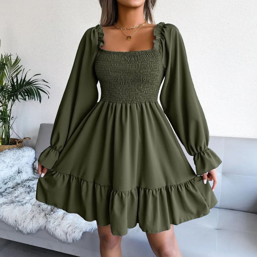 Fashion Hot Sale Flared Long Sleeve Party Maxi Dress Women Summer High Waist Casual Dresses