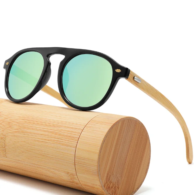 High Quality Handmade Round Bamboo Wood Temple Sunglasses PC Frame Natural Wooden Fashion Sun Glasses 2024