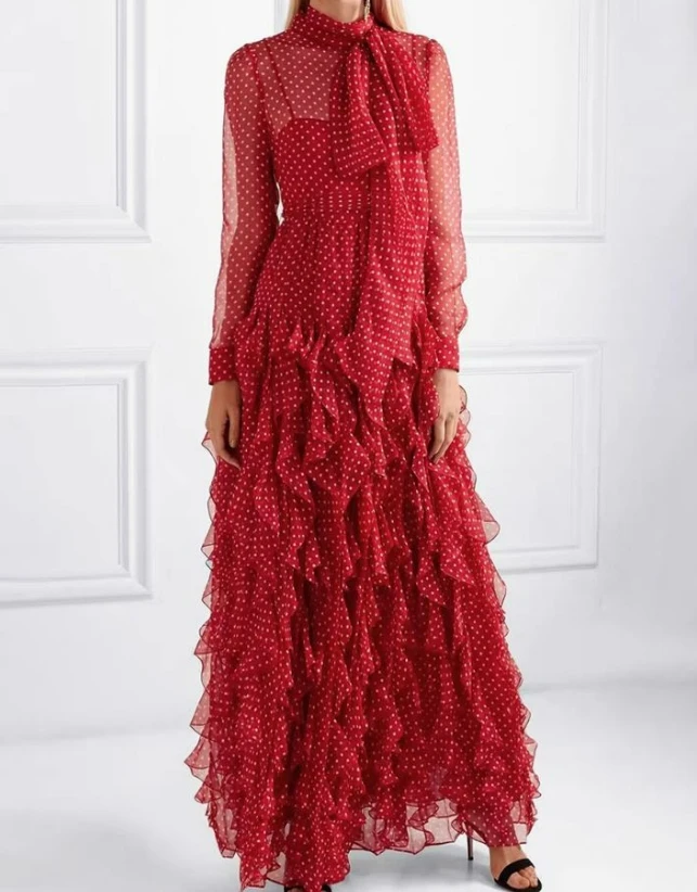 New dropshipping elegant stand collar polka-dot chiffon pleated long dress