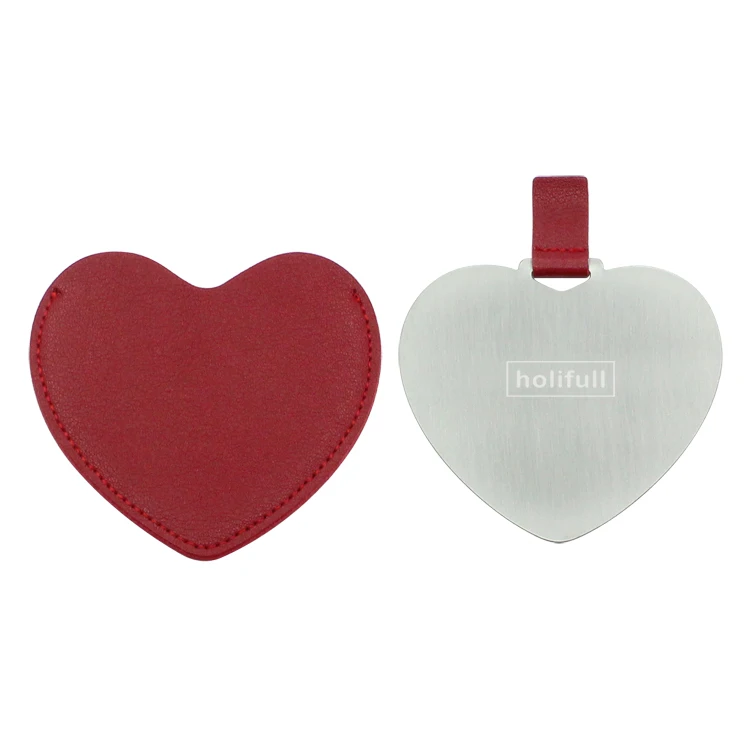  Wholesales Makeup Hand Held Cosmetic Stainless Steel heart shape Leather Pocket Mirror with pu