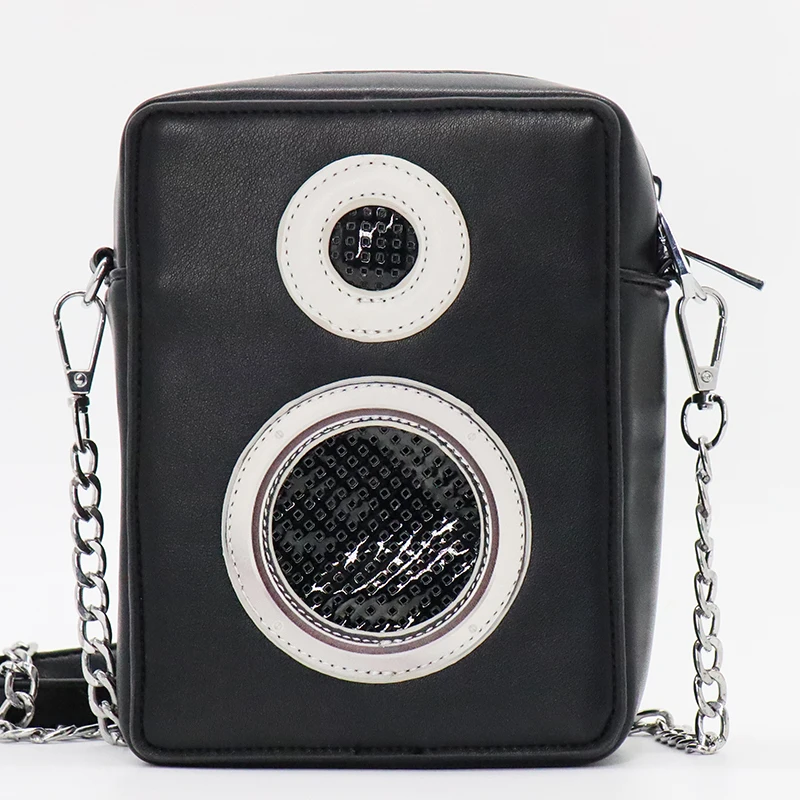 Personality Novelty Radio Design Bag Breathable PU Leather Women Chain Purse Bag With Blue Speaker Connection For Music