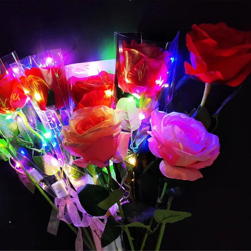 Romantic LED Luminous Glowing Rose for Valentines Day Gift Shining Colorful Lights Flowers for Party Proposal Decorations