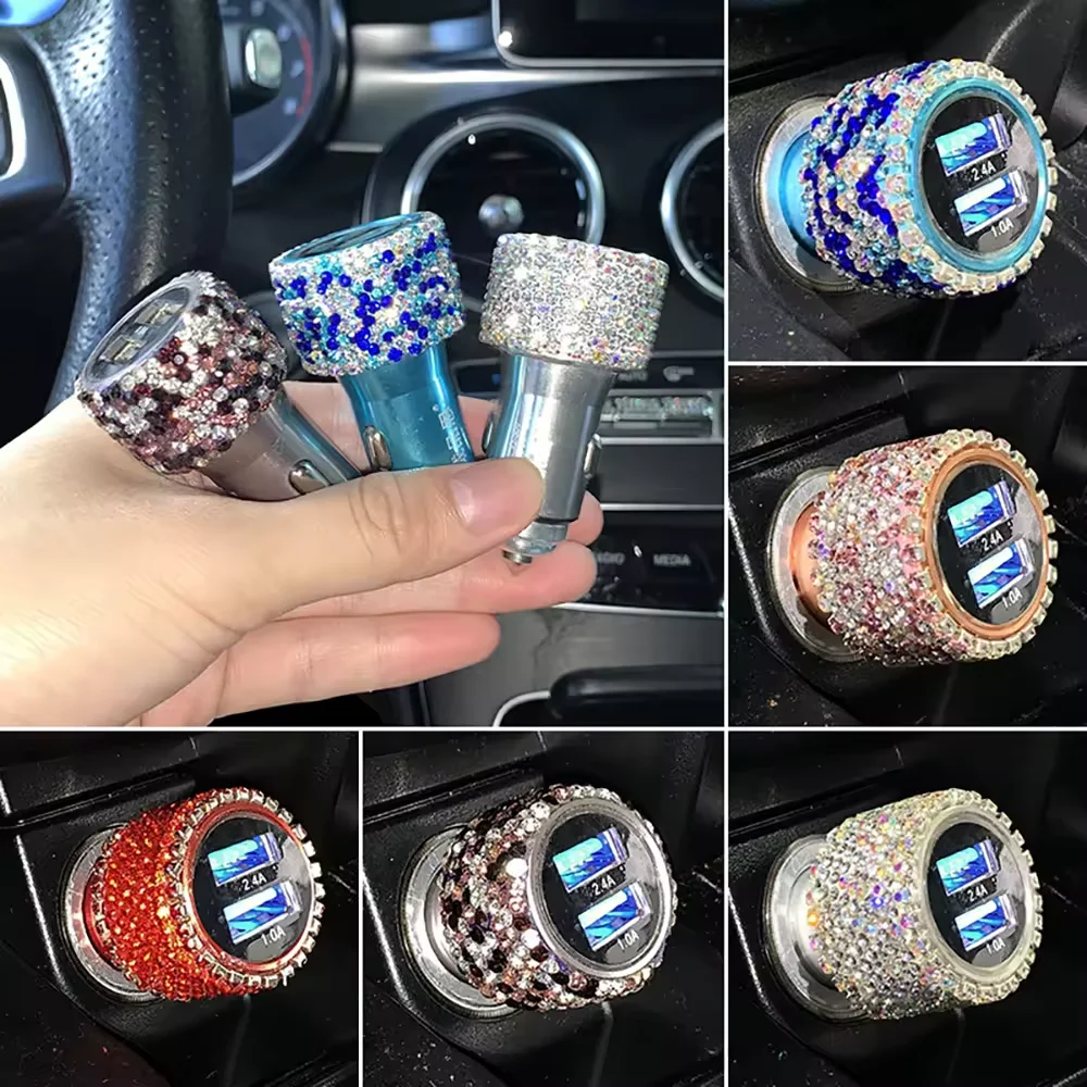 Dual USB Car Charger Bling Bling Handmade Rhinestones Crystal Car Decorations Fast Charging Car Decors for iPhone for Samsung