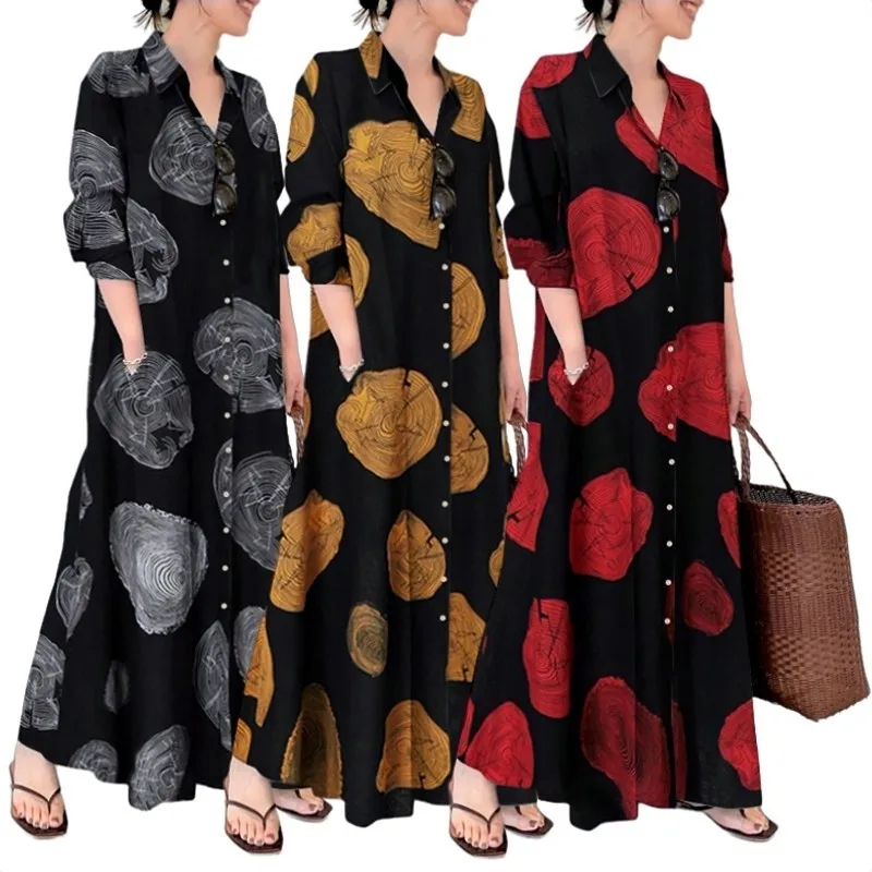 New Fashion Print Women Dress Turn Down Collar Button Pocketed Long Dress Mid East Female Abaya Casual Dresses