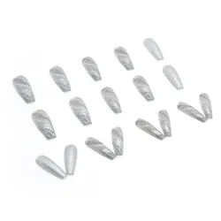 2023 New Fashion Long Ballet Nails Gray White Marble Pattern Glitter Designed Press on Nail Artifical Nails 24pieces/box