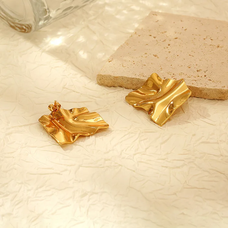 Stainless Steel Square Fold Textured Large Stud Earrings 18K Gold Plated Women Waterproof Jewelry Party