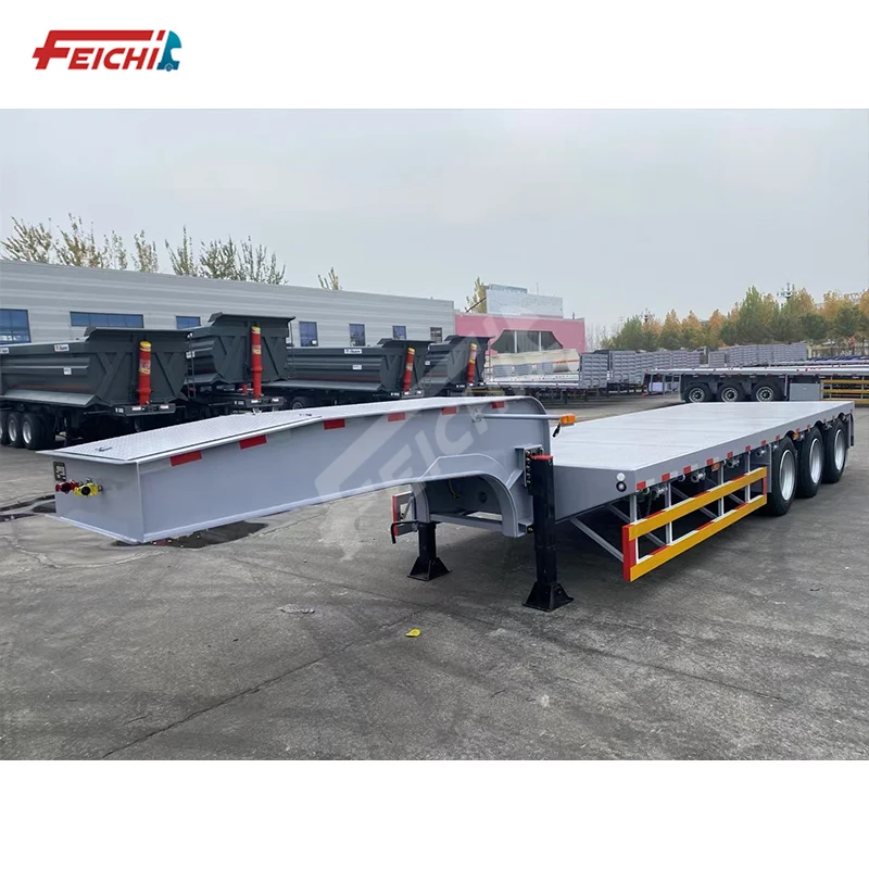 Feichi brand high quality 3 axles 11 meters lowbed SEMI-TRAILER TRANSPORT 50 TONS low flat semi trailer for sale