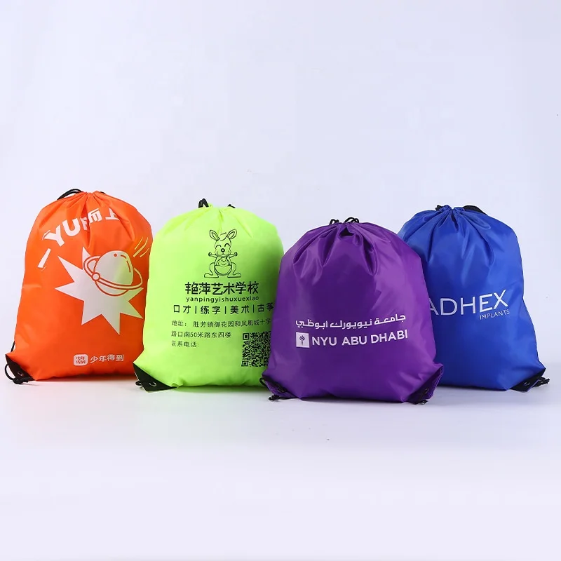 Wholesale custom Logo Sport nylon pull string shoe cinch bag polyester Backpack 210D travel back sack printed drawstring bags