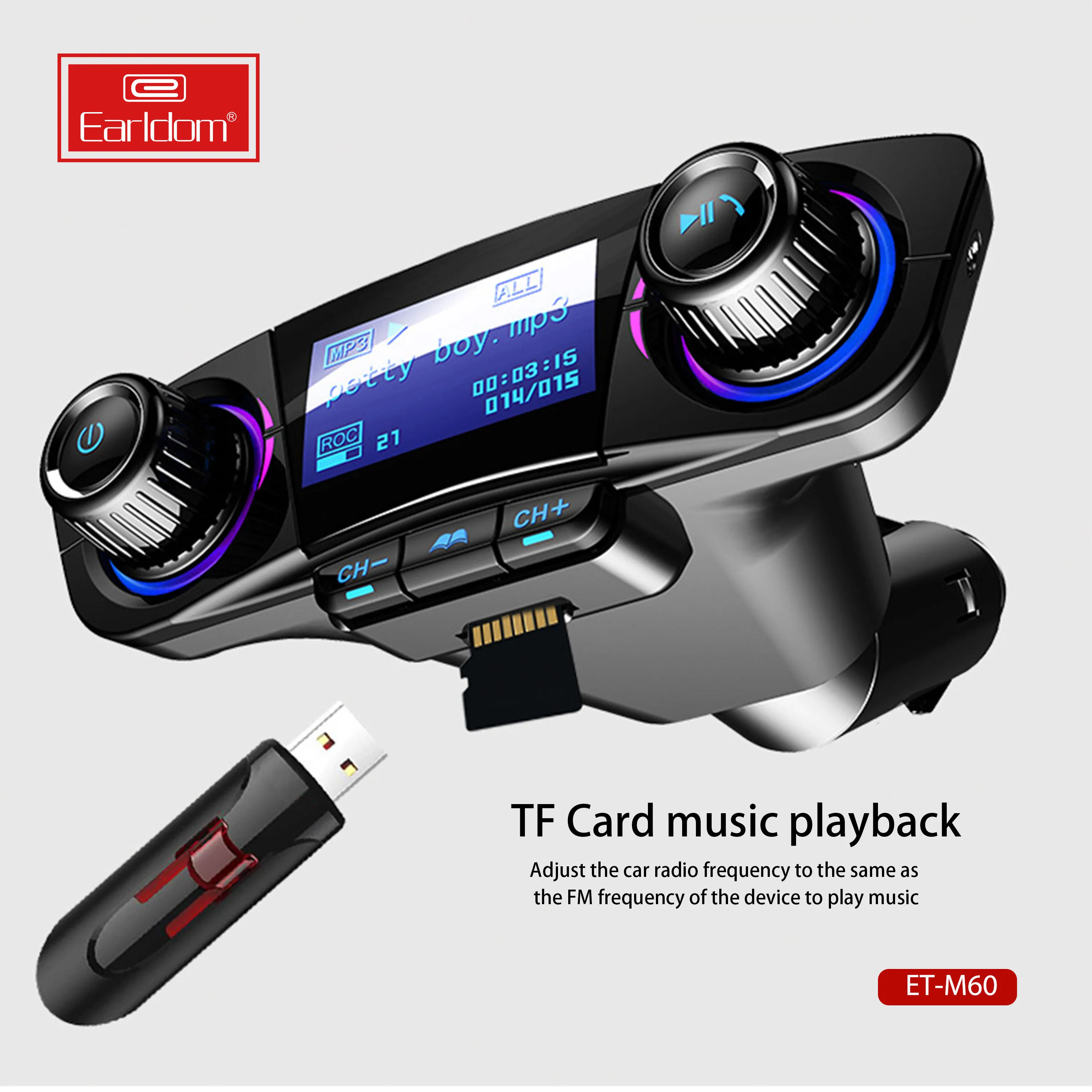 Earldom BT FM Transmitter Wireless Radio Adapter Car Kit with Dual USB Charging Car Charger MP3 Player Support TF