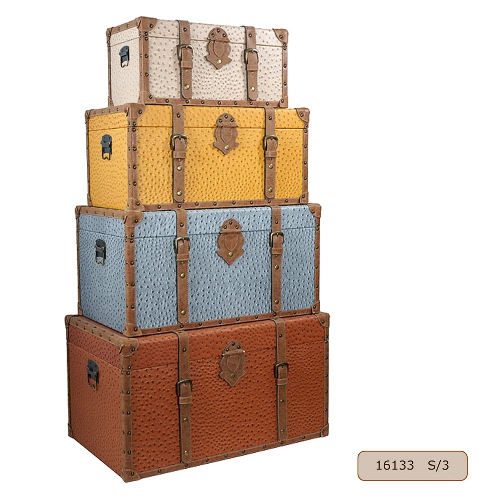Vintage Wooden Trunks Storage Chests Boxes Sets with PU Leather Surface for Home Decoration