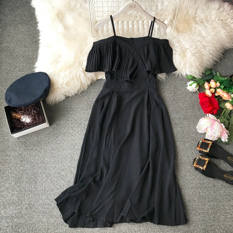 Customized pleated off shoulder one line neck strap mid length dress for women
