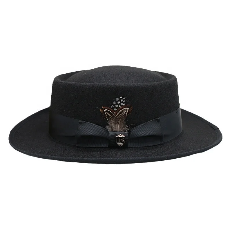 Custom logo luxury wool bowler unisex designer womens men pork pie flat boater fedora felt hat cap manufacture with feather