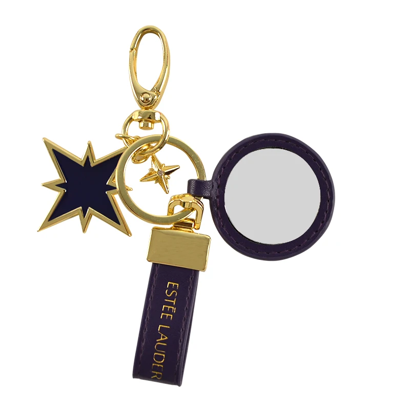 Gold Key Holder Ring Attached Custom Estee Lauder Logo Name Pu Leather Keychain With mirror