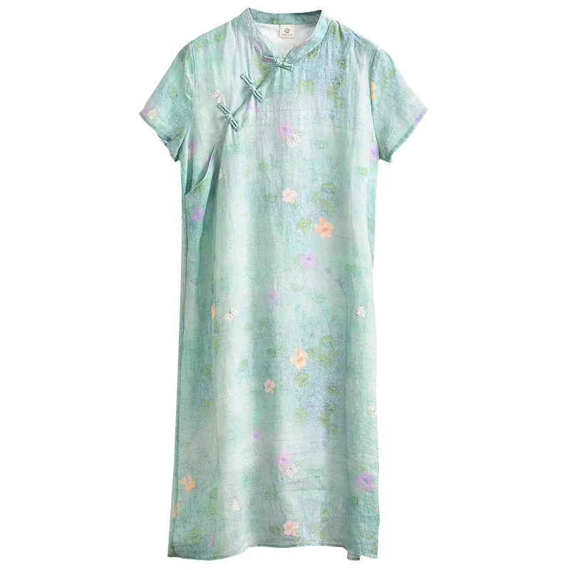Custom Chinese Linen Dress cheongsam Robes Soft Cotton Linen Print Floral Frog Button Vintage Women Casual Midi Dress