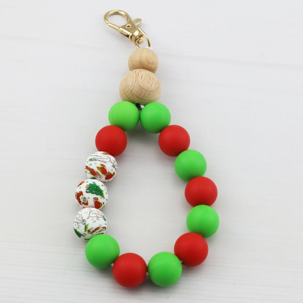 2021 New Christmas Personalized Gift Car Key Ring Wooden And Silicone Bracelet Bangle Key Chain Leopard Print Bead Keychain