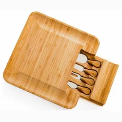 Unique Square Bamboo Cheese Board and Knife Set Serving Tray Multifunction Charcuterie Platter for Crackers Meat