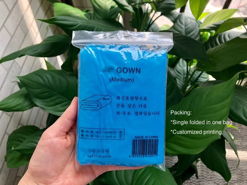 China Manufacturer Blue color use CPE material Long Sleeve Disposable CPE Isolation Gown 50 gsm