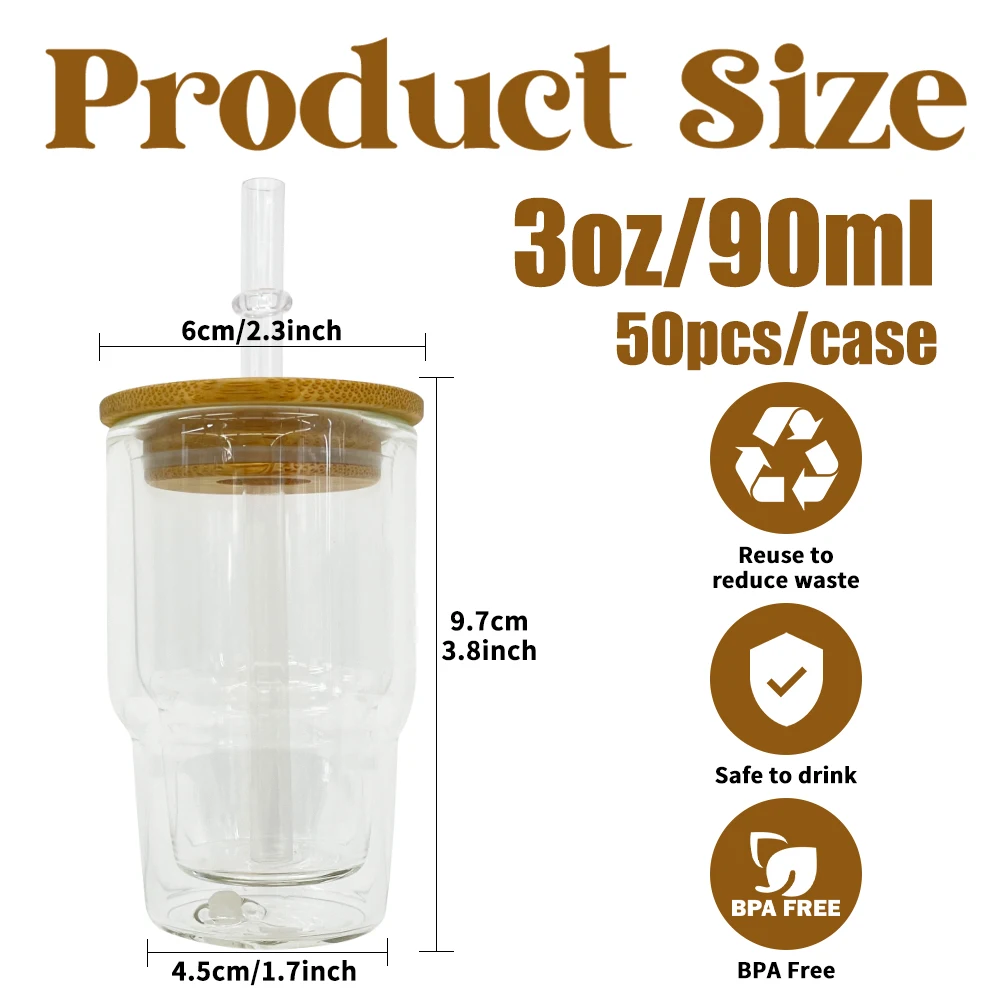 USA predrilled 3oz mini clear sublimation shot glass glitter DIY snow globe soda juice drinkware with bamboo lid for vinyl wraps