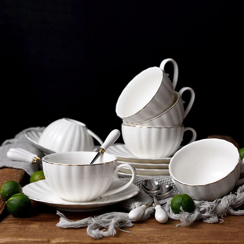 Ceramic coffee cups and saucers set embossed European-style simple gold coffee afternoon black tea pumpkin cups and saucers