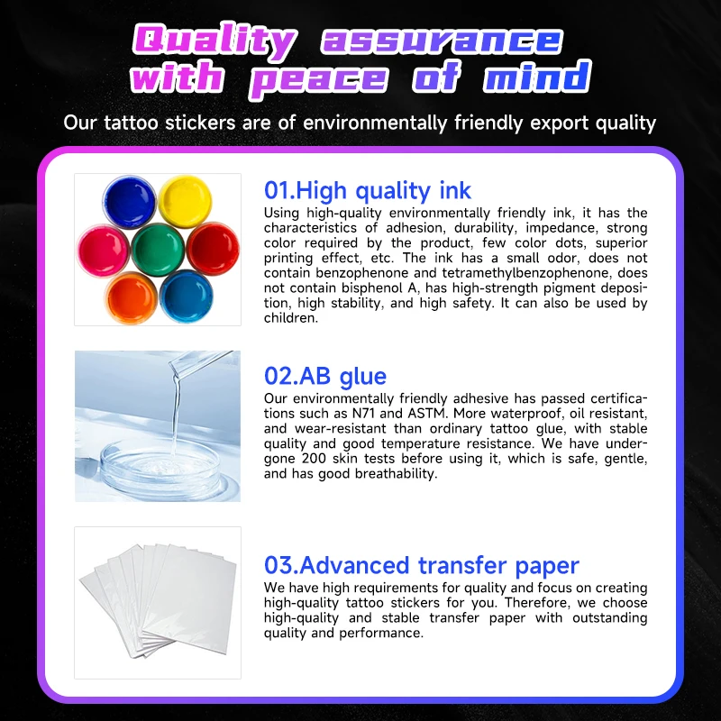 Customized tattoo stickers with herbal juice, colorful glow in the dark glitter powder, hot stamping tattoo stickers