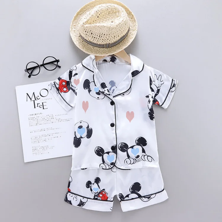2021 Floral Kids Pajamas Set Satin Pijamas Children Organic Soft Pyjamas Silk Girls Boys Print Summer Kids Pajama Set