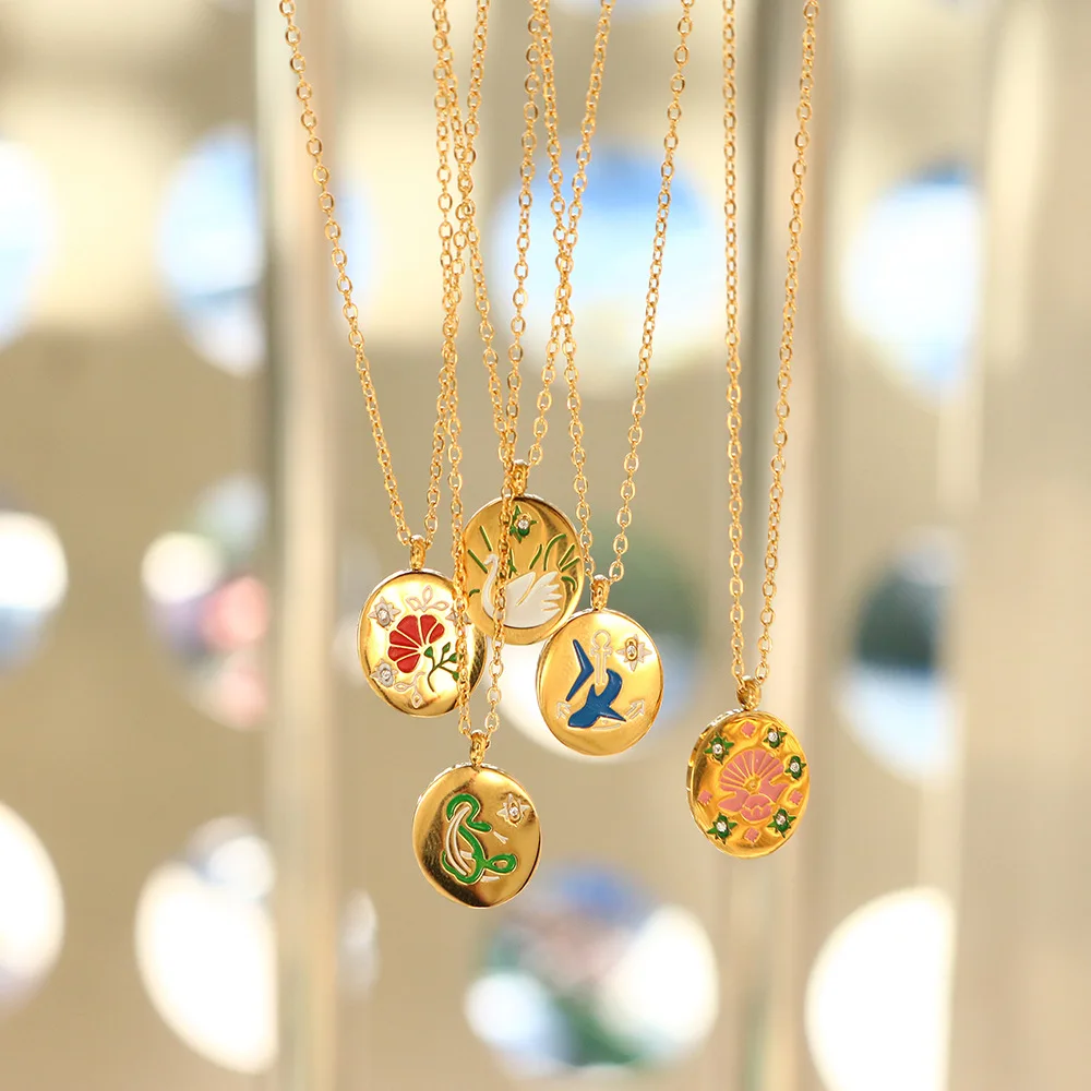 Beautiful Handmade Enameled Animal Shark Snake Pattern Coin Pendant Necklace No Fade Stainless Steel Oil Drip Flower Necklace