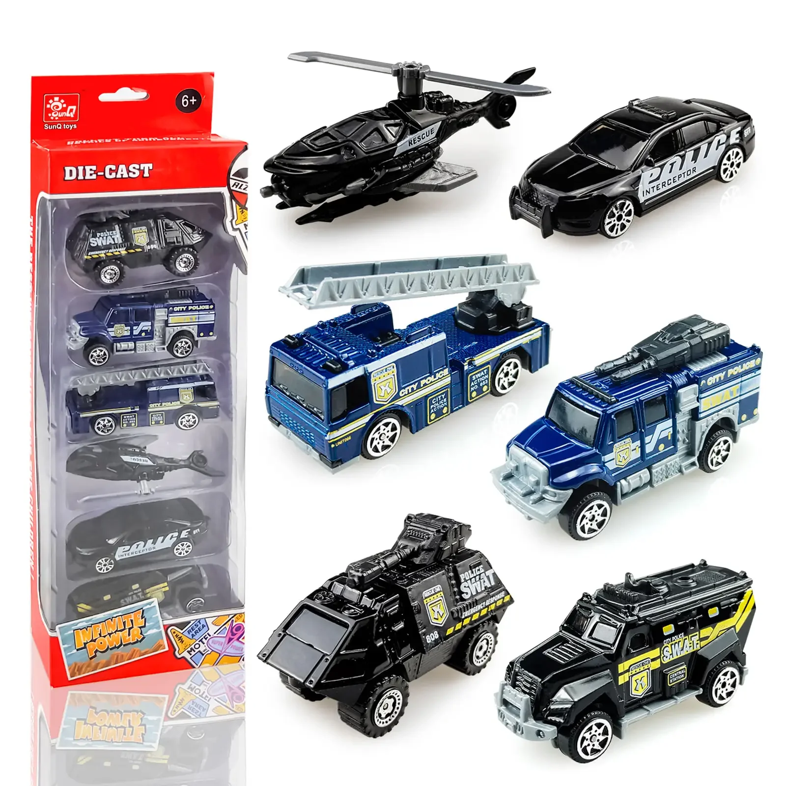 SUNQ Mental Factory Die Cast Police Vehicle Toy Set Assorted Rescue Truck Metal Toy Car Educational Alloy Car For Children