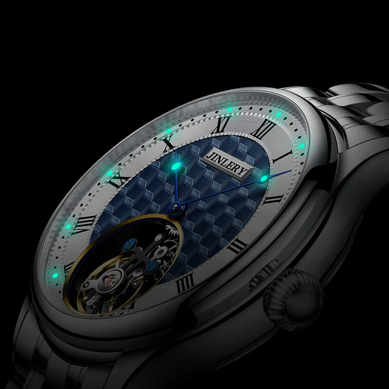 Jinlery Fashion Tourbillon Watch for Men Mechanical Hand Wind Wristwatch Men Watch Luminous Flywheel Watches Relogio Masculino