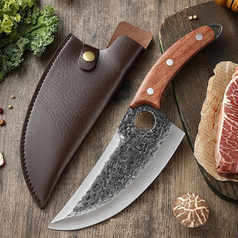 Hand Forged Butcher Knife Meat Cleaverwith Leather Sheath High Carbon Steel Butcher Knife Chopper for kitchen