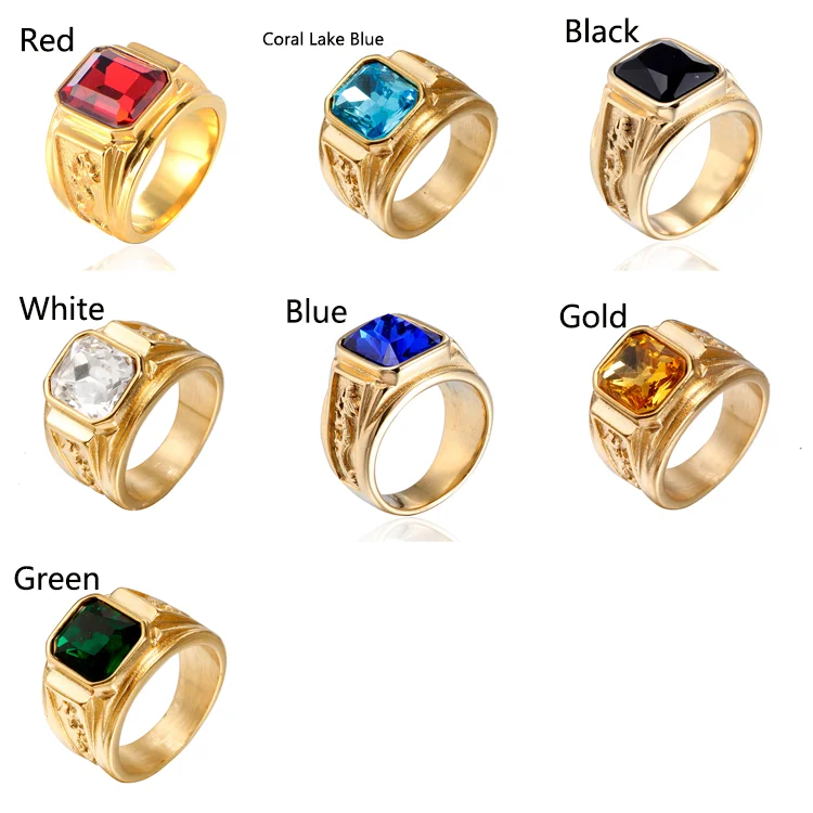 G3329 Wholesale Fashion Finger Ring Jewelry Stainless Steel Gold Plated Square Rhinestone Stone Black Ring For Men