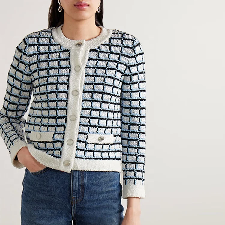 Knitwear Manufacturer Custom Spring Autumn crew Neck Long Sleeve Single Breasted Cotton Jacquard Knit Cardigan Sweater Women