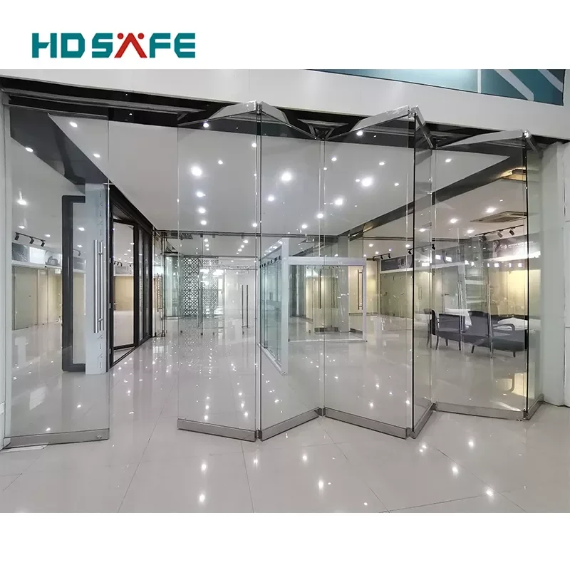 OEM/ODM aluminium frameless folding door bi fold glass accordion frameless partition system doors