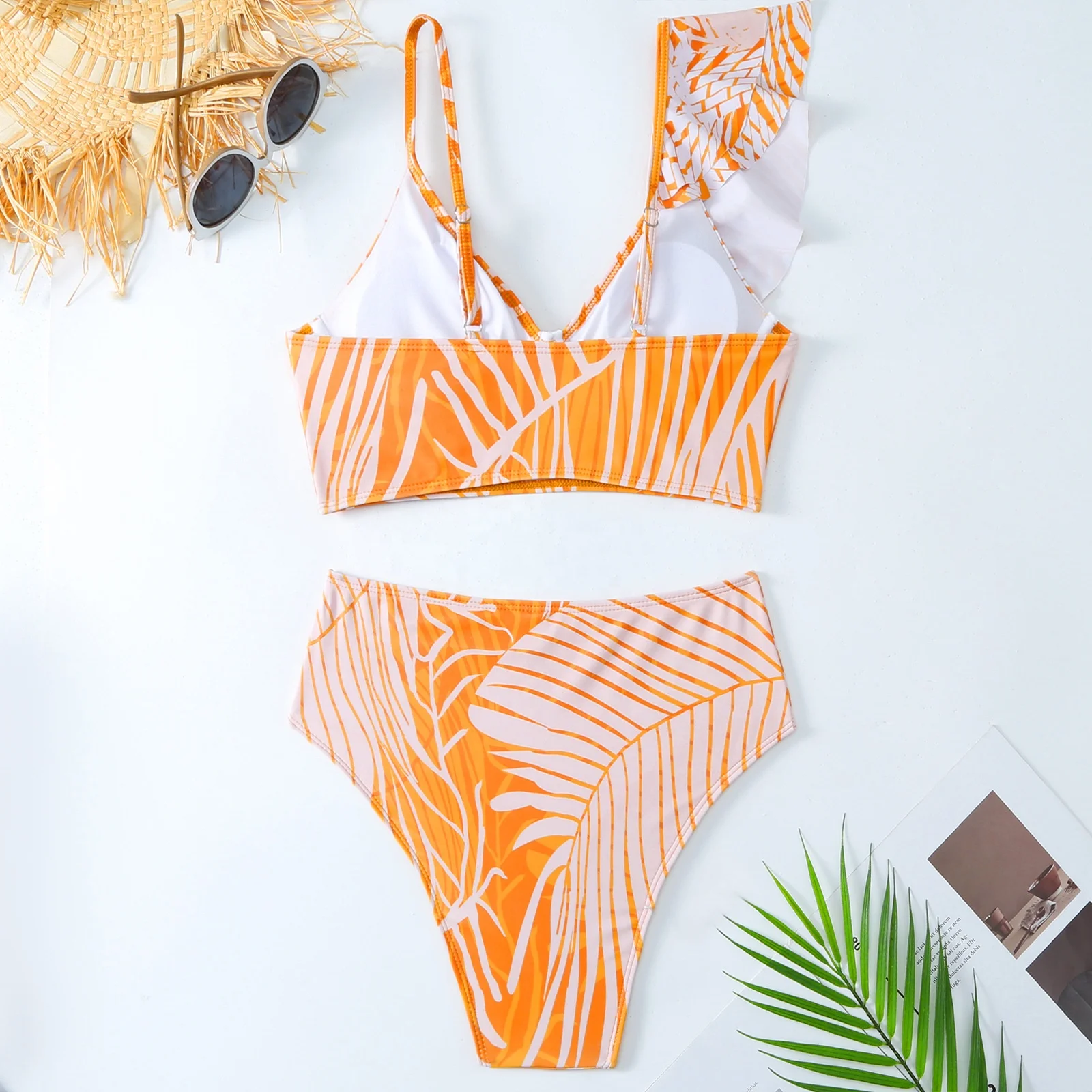 Stock Print High-Waist Bandeau Top Bikini Set Quick Dry Breathable Beach Sarong Cover Ups for Adults 3-Piece High-Leg Beachwear
