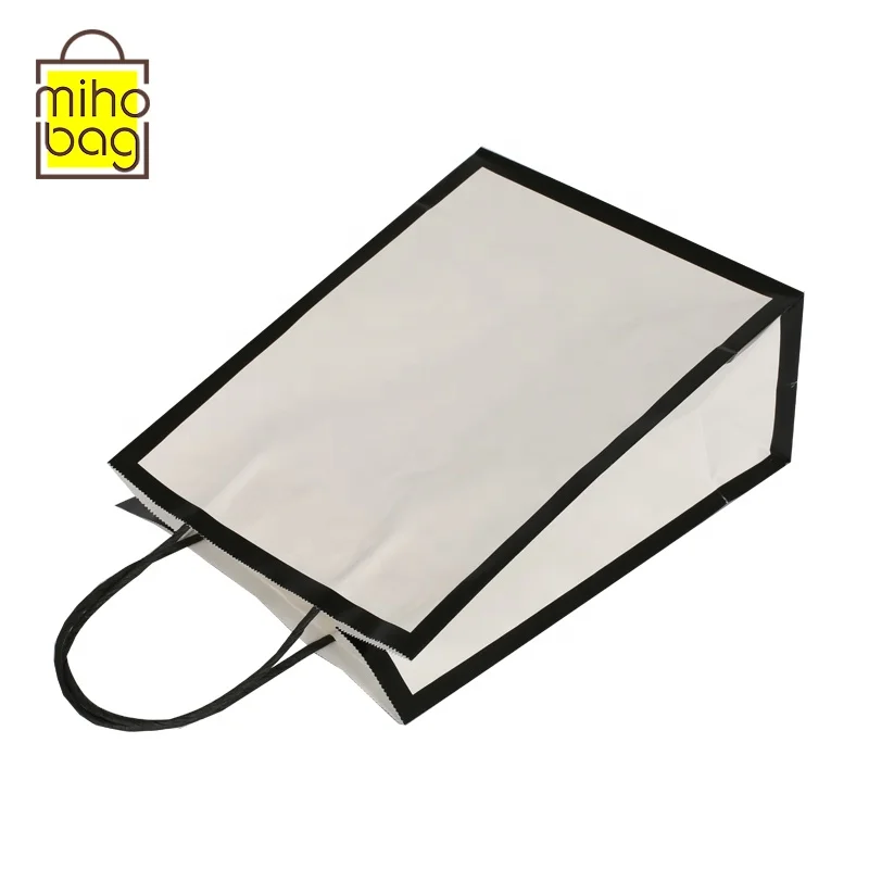 
good price white kraft paper with black frame design shopping paper bags with twist paper handles 